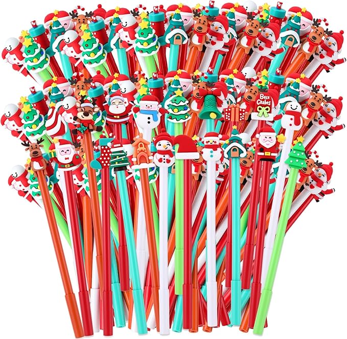 Fainne 200 Pcs Christmas Gel Ink Pen Bulk, Novelty Series Rollerball Pens Black Gel Ink Tree Snowman Reindeer Santa Claus Shape Pen for School Kids Student Christmas Party Supplies